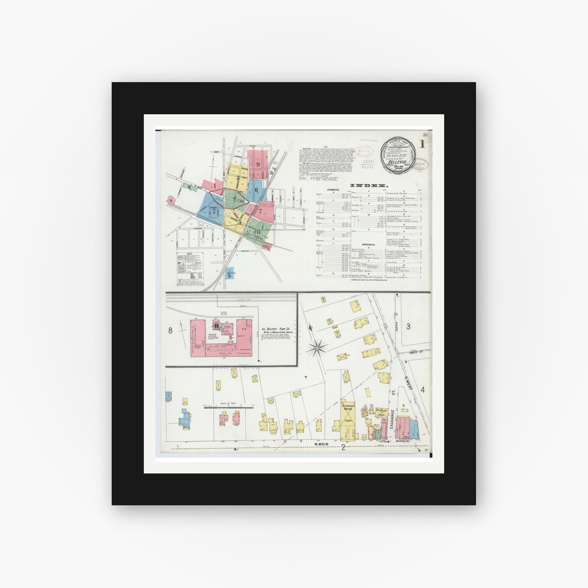 Old map wall art mockup — black gallery frame with white mat — Sanborn Fire Insurance Map from Bellevue, Huron And Sandusky County, Ohio (1899) - Complete Map Set