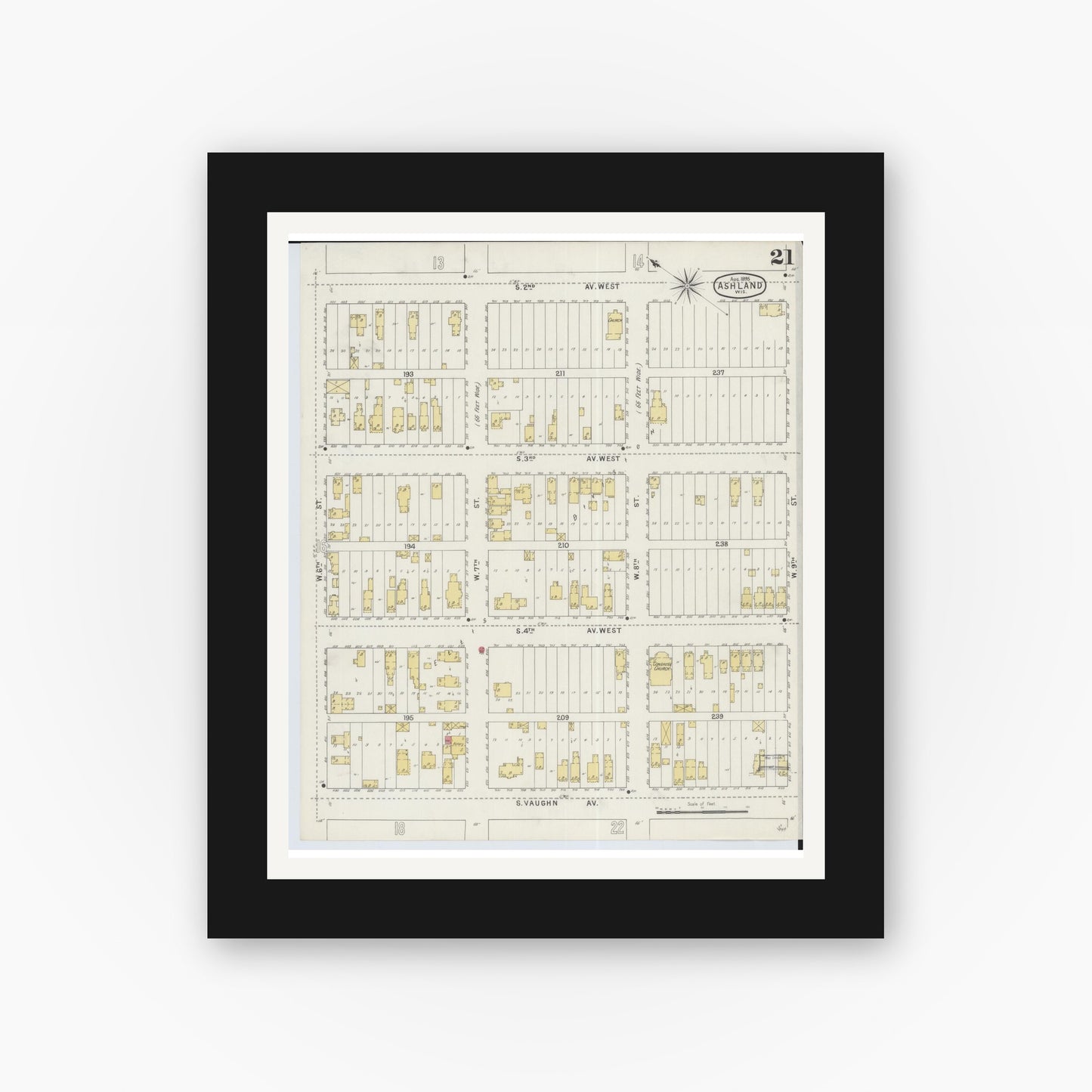 Old map wall art mockup — black gallery frame with white mat — Sanborn Fire Insurance Map from Ashland, Ashland County, Wisconsin (1895), Sheet #0021