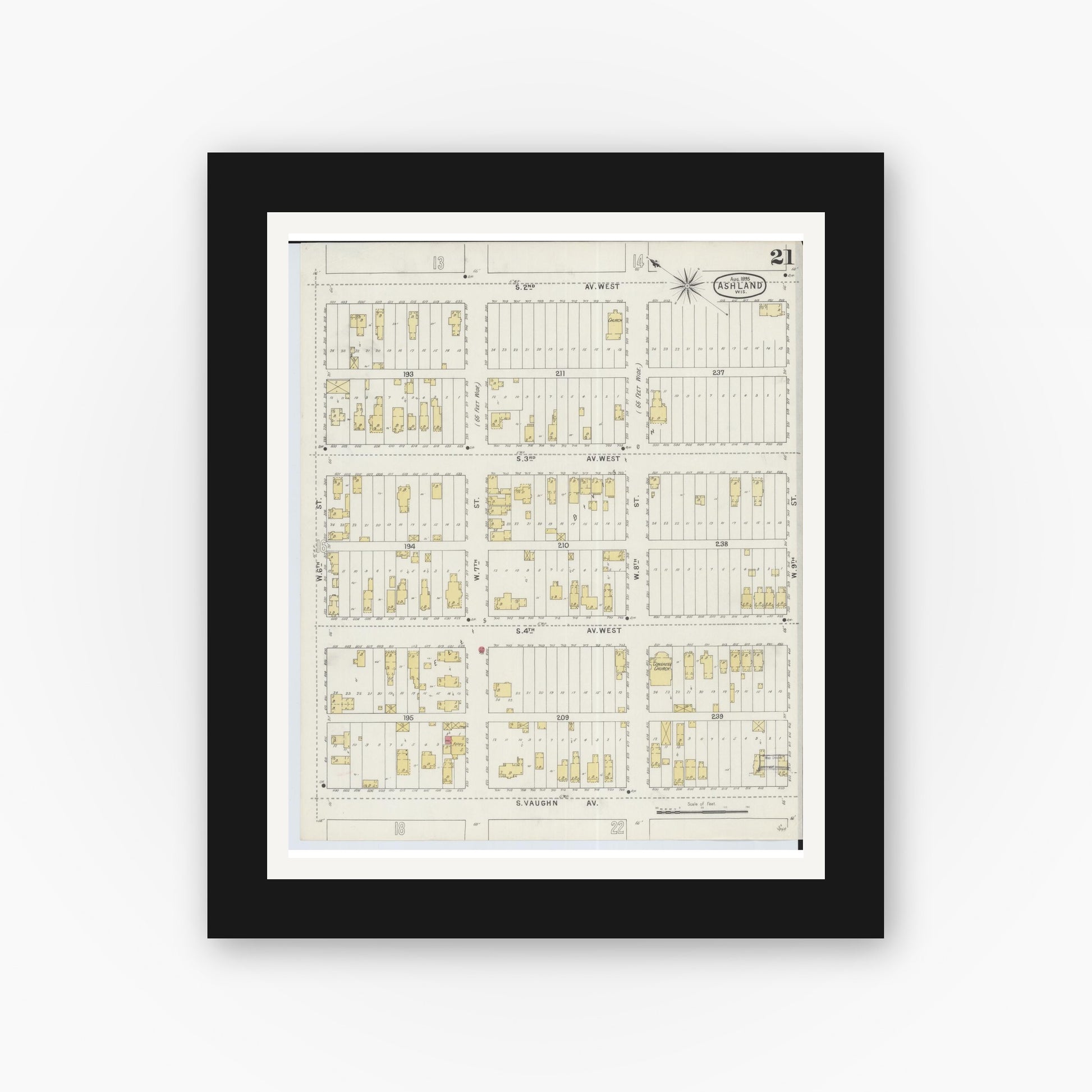 Old map wall art mockup — black gallery frame with white mat — Sanborn Fire Insurance Map from Ashland, Ashland County, Wisconsin (1895), Sheet #0021