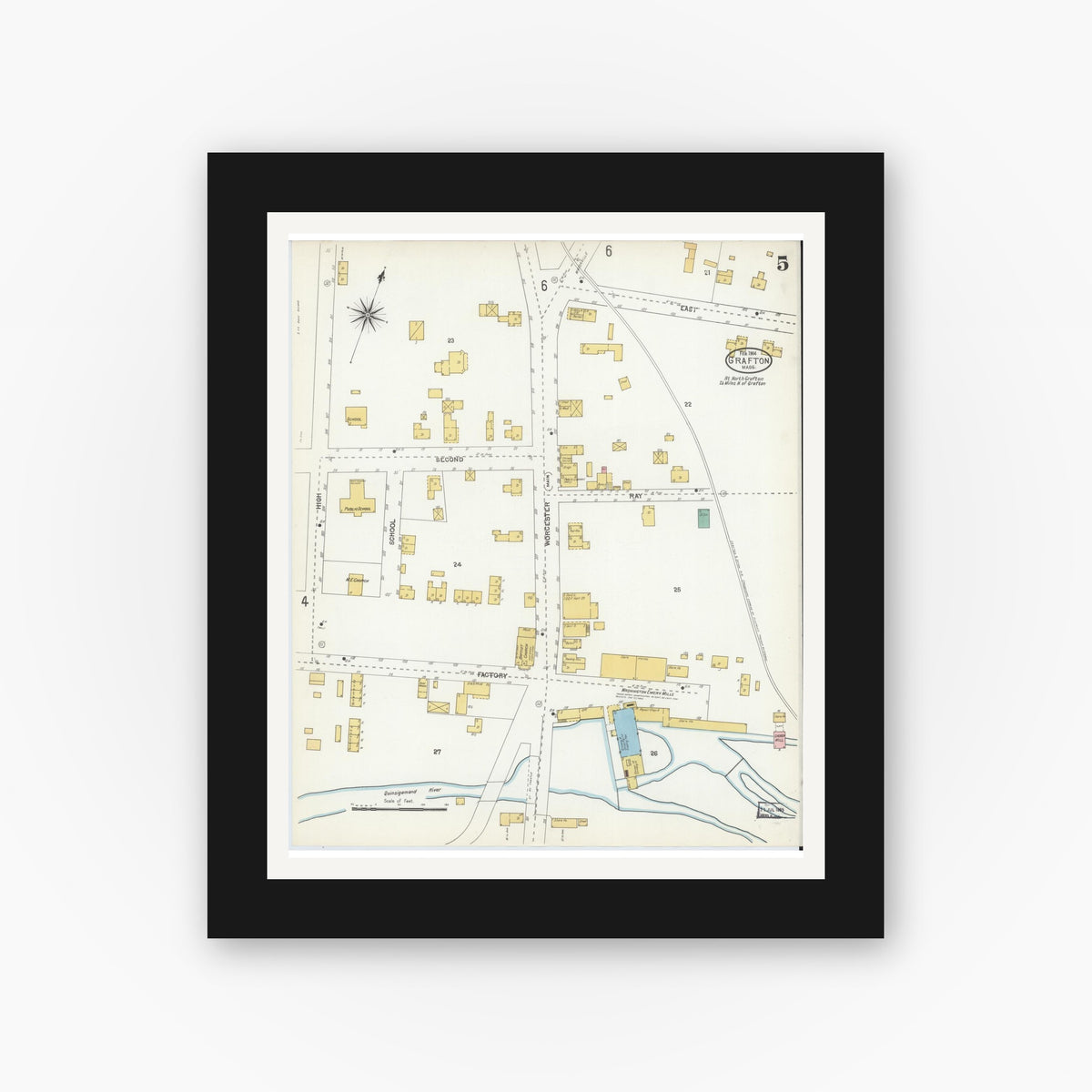 Old map wall art mockup — black gallery frame with white mat — Sanborn Fire Insurance Map from Grafton, Worcester County, Massachusetts (1904), Sheet #0005