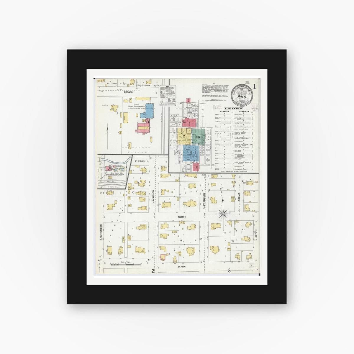 Old map wall art mockup — black gallery frame with white mat — Sanborn Fire Insurance Map from Polo, Ogle County, Illinois (1905), Sheet #0001