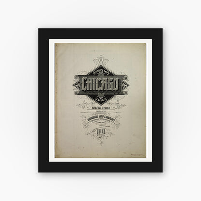 Old map wall art mockup — black gallery frame with white mat — Sanborn Fire Insurance Map from Chicago, Cook County, Illinois (1911), Sheet #0001