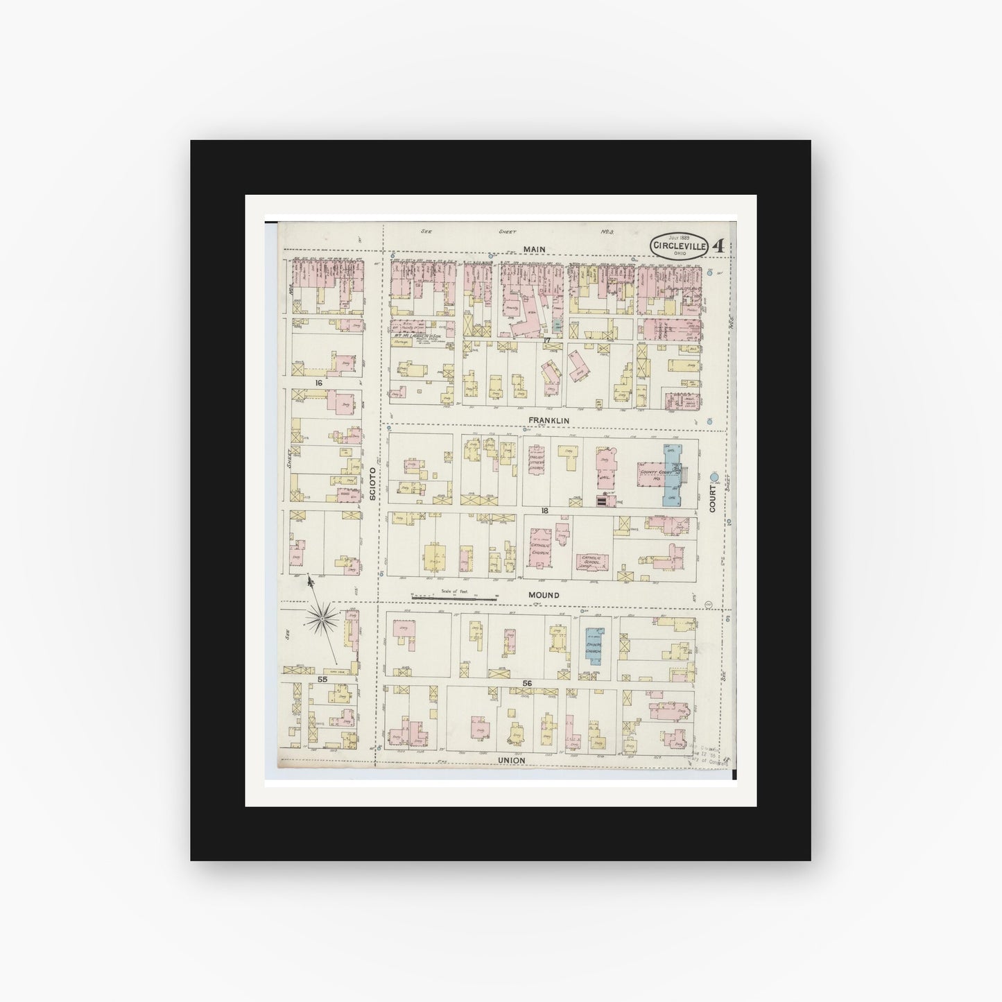 Old map wall art mockup — black gallery frame with white mat — Sanborn Fire Insurance Map from Circleville, Pickaway County, Ohio (1889), Sheet #0004