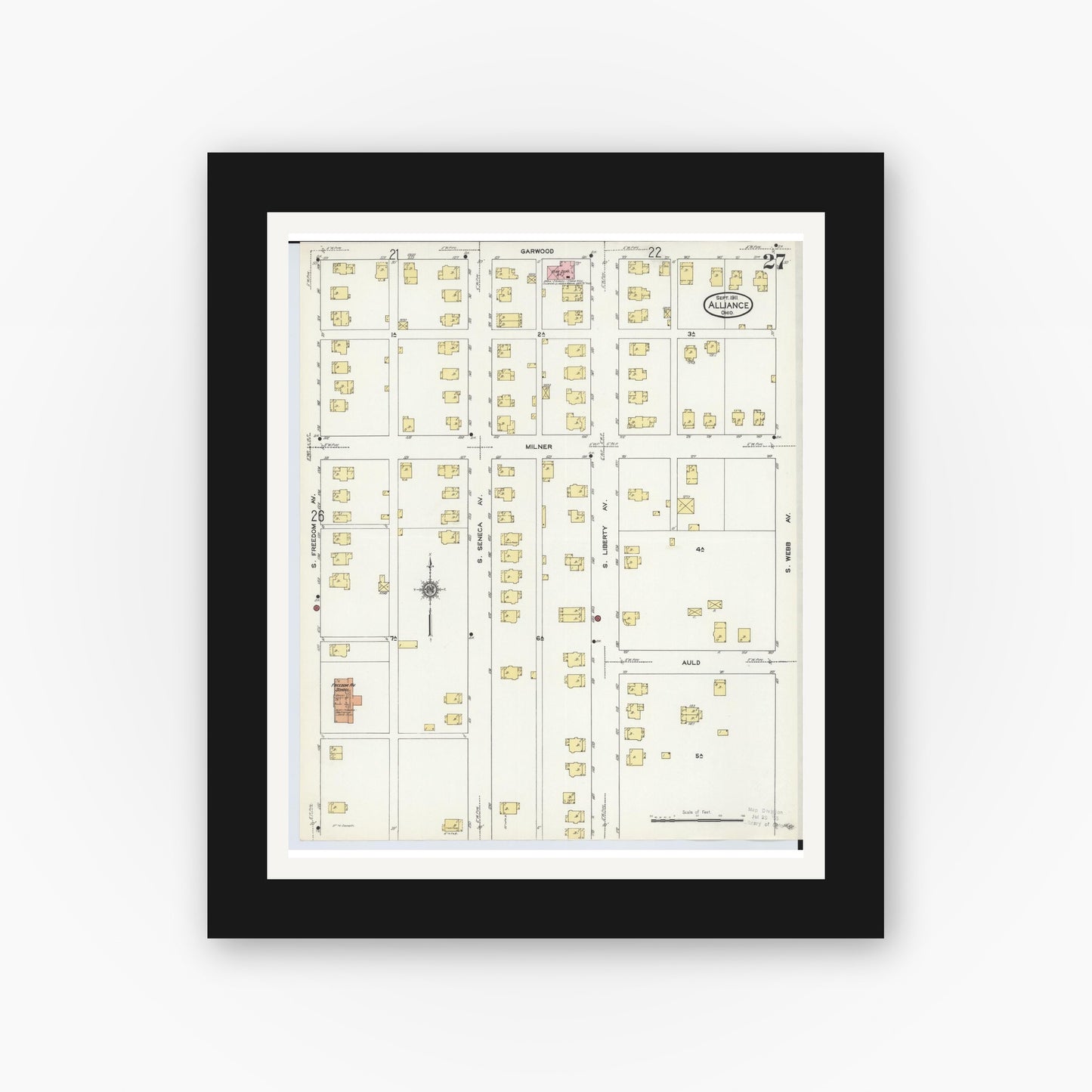 Old map wall art mockup — black gallery frame with white mat — Sanborn Fire Insurance Map from Alliance, Stark County, Ohio (1911), Sheet #0027
