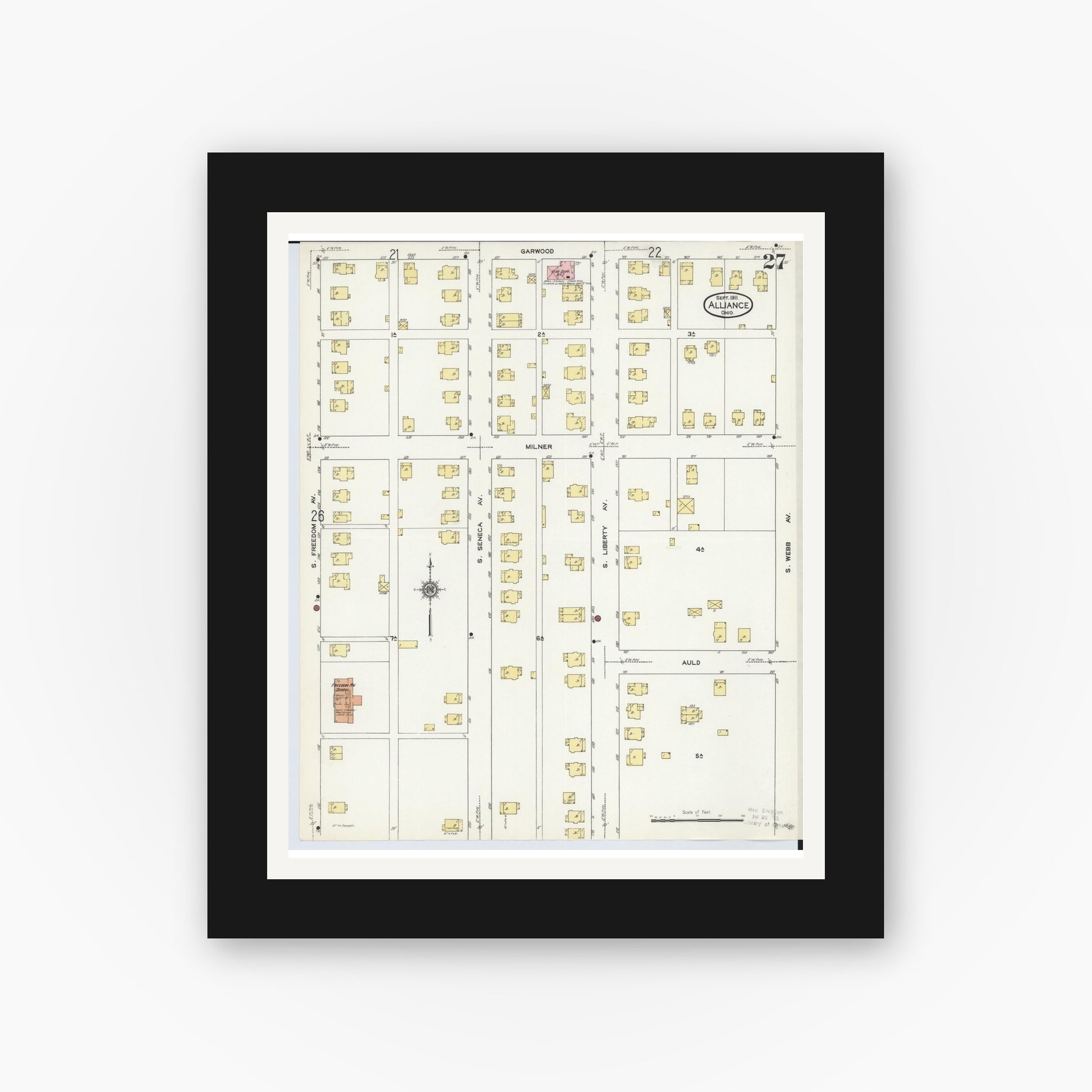 Old map wall art mockup — black gallery frame with white mat — Sanborn Fire Insurance Map from Alliance, Stark County, Ohio (1911), Sheet #0027