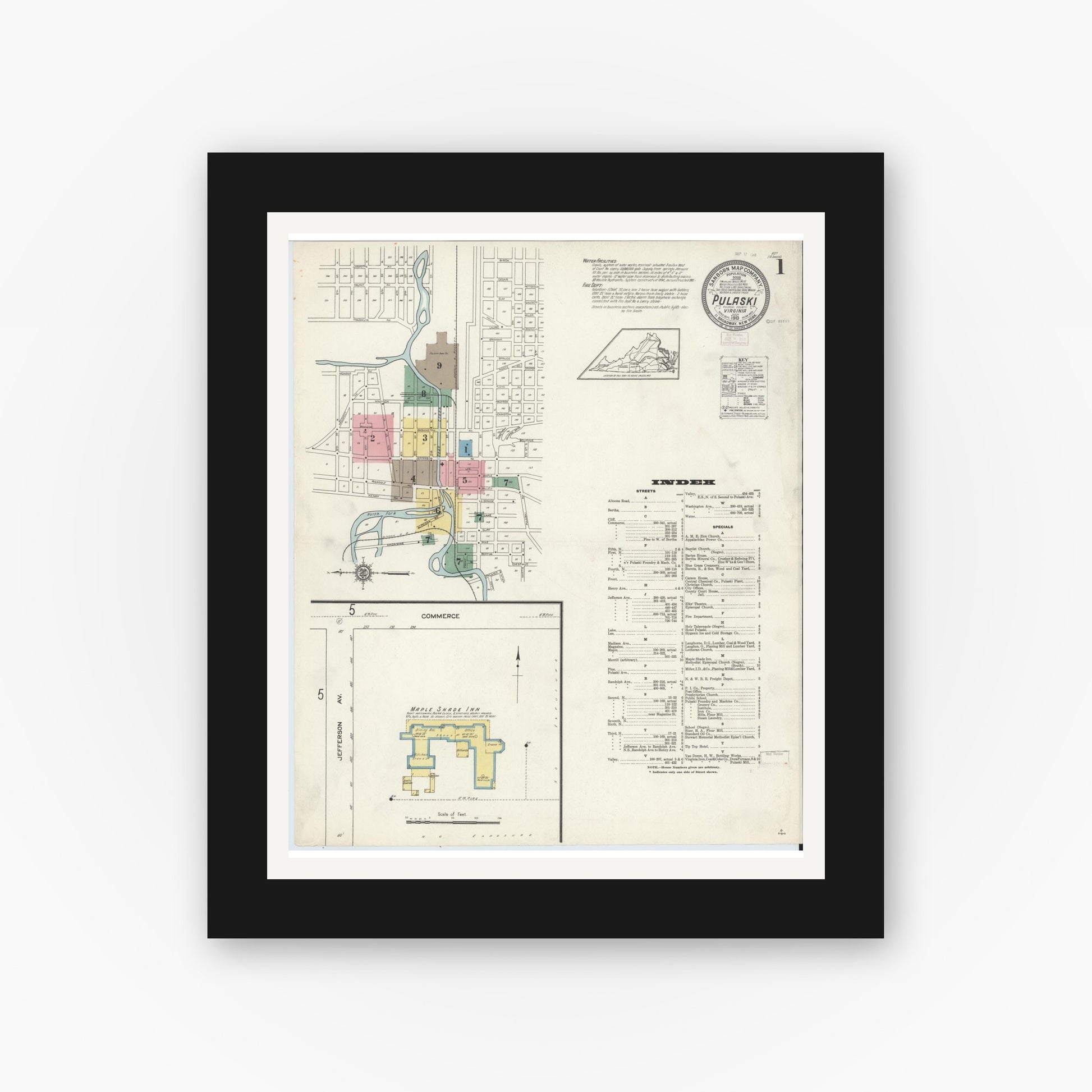 Old map wall art mockup — black gallery frame with white mat — Sanborn Fire Insurance Map from Pulaski, Pulaski County, Virginia (1913) - Complete Map Set