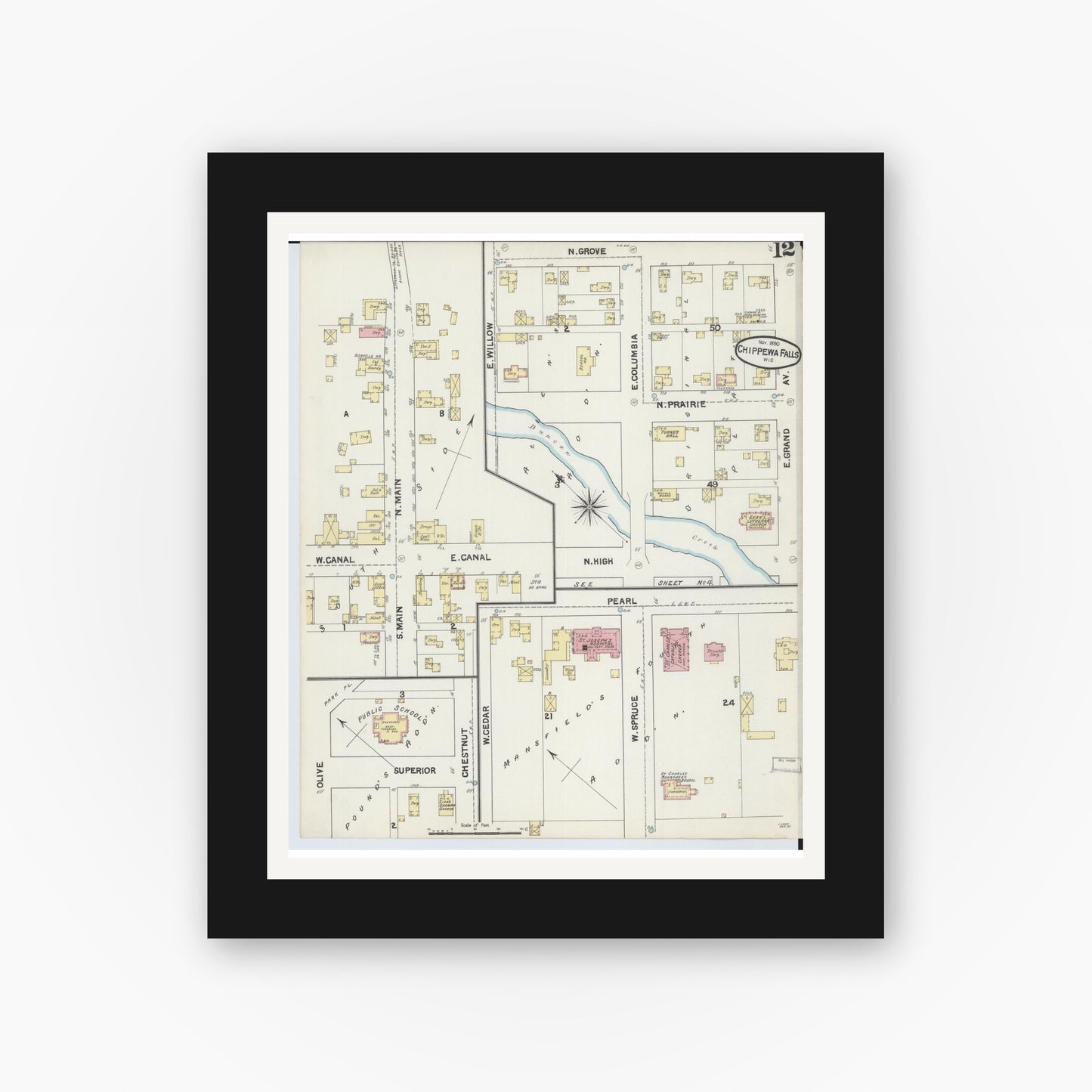 Old map wall art mockup — black gallery frame with white mat — Sanborn Fire Insurance Map from Chippewa Falls, Chippewa County, Wisconsin (1890), Sheet #0012