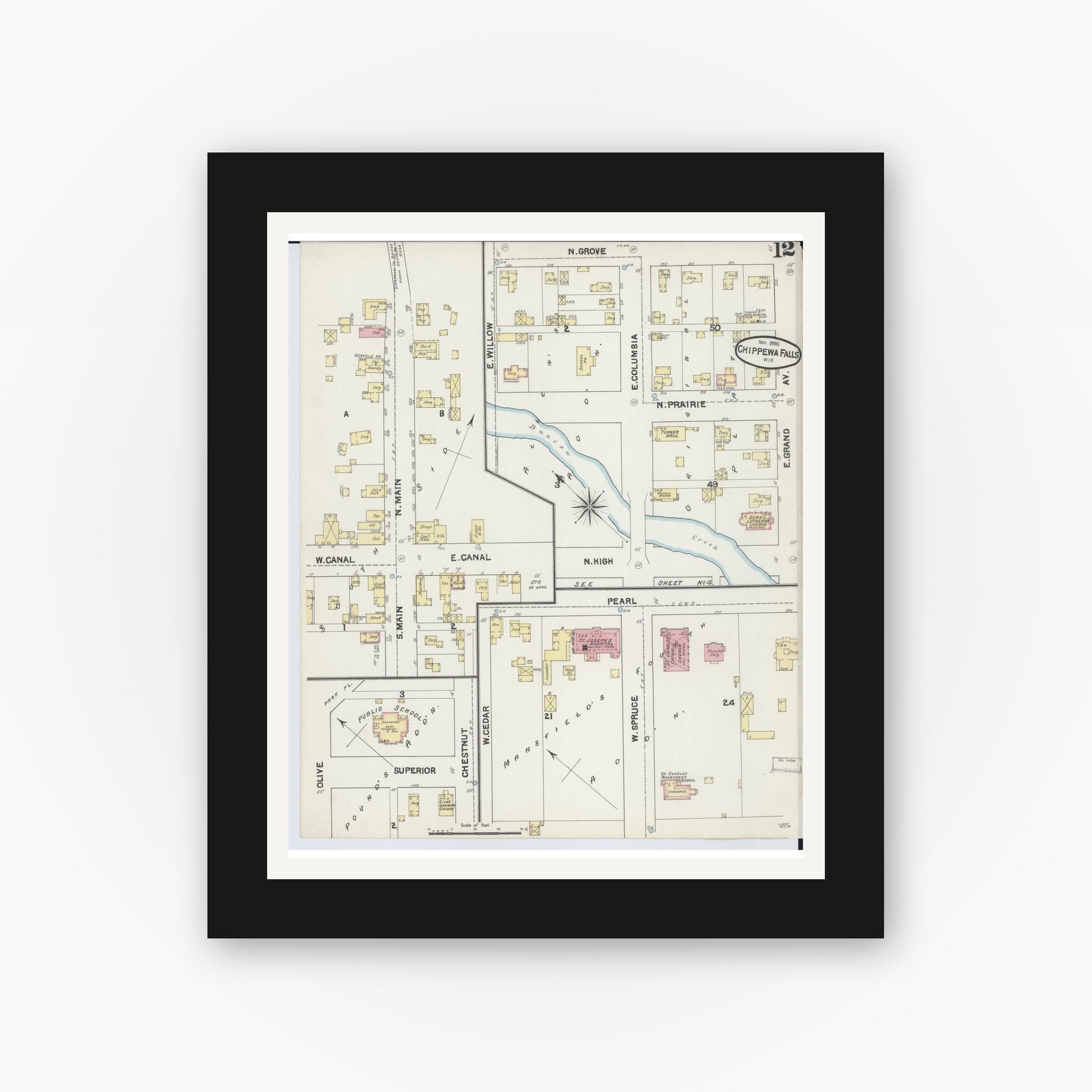 Old map wall art mockup — black gallery frame with white mat — Sanborn Fire Insurance Map from Chippewa Falls, Chippewa County, Wisconsin (1890), Sheet #0012