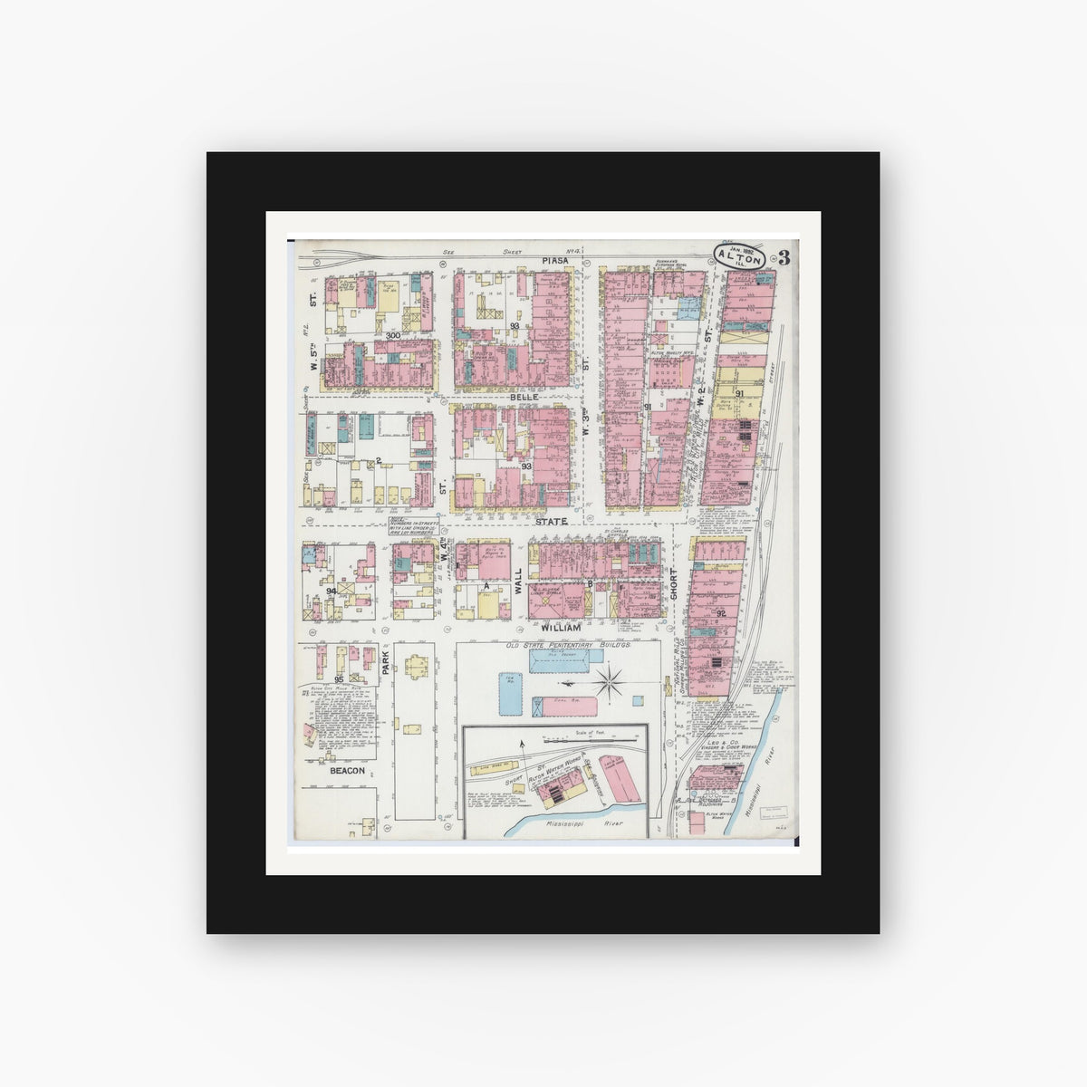 Old map wall art mockup — black gallery frame with white mat — Sanborn Fire Insurance Map from Alton, Madison County, Illinois (1892), Sheet #0003