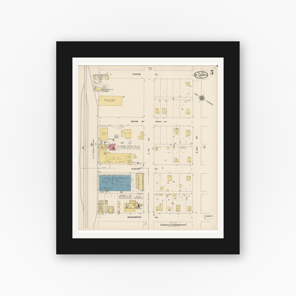 Old map wall art mockup — black gallery frame with white mat — Sanborn Fire Insurance Map from El Campo, Wharton County, Texas (1922), Sheet #0005