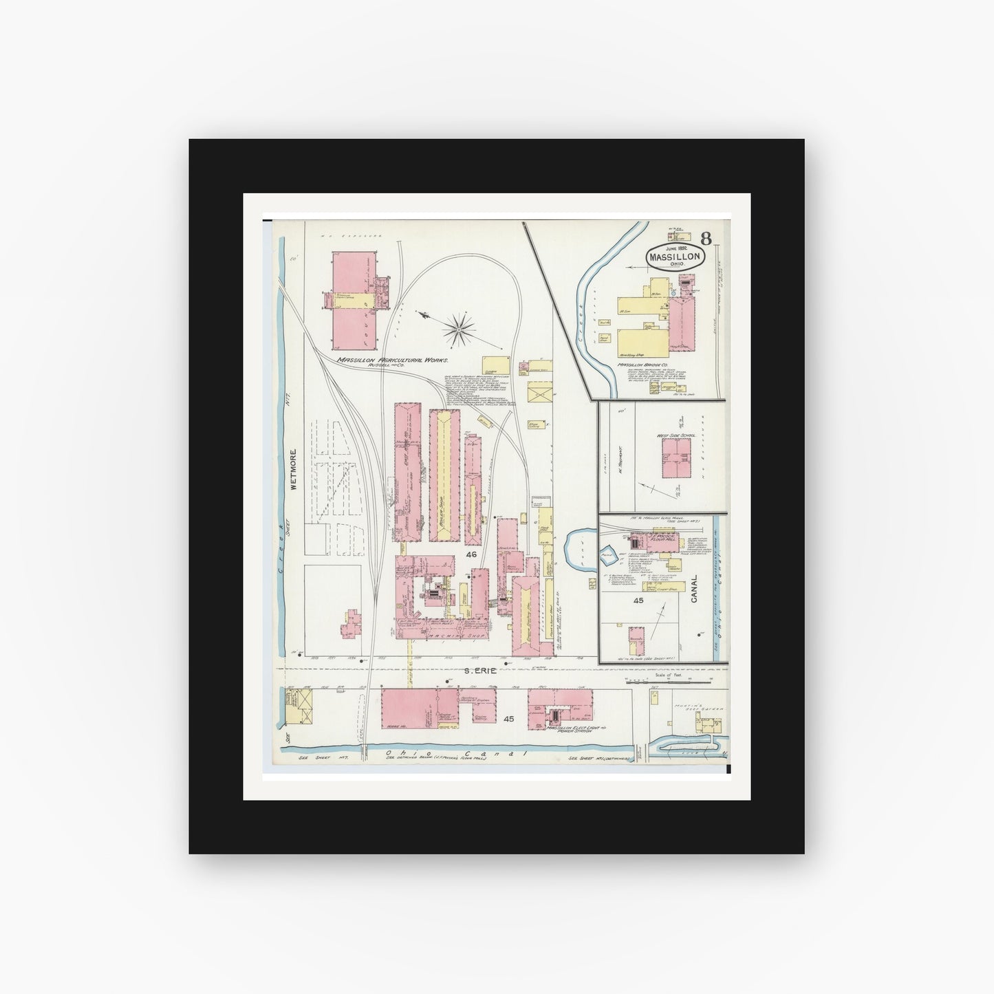 Old map wall art mockup — black gallery frame with white mat — Sanborn Fire Insurance Map from Massillon, Stark County, Ohio (1892), Sheet #0008