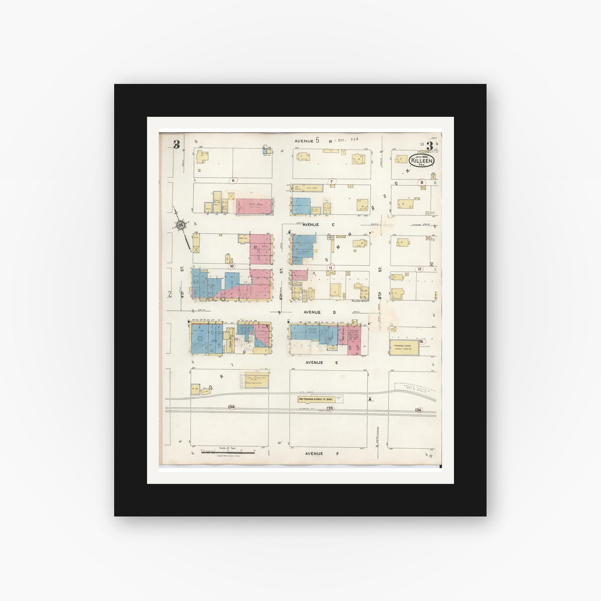 Old map wall art mockup — black gallery frame with white mat — Sanborn Fire Insurance Map from Killeen, Bell County, Texas (1937), Sheet #0003