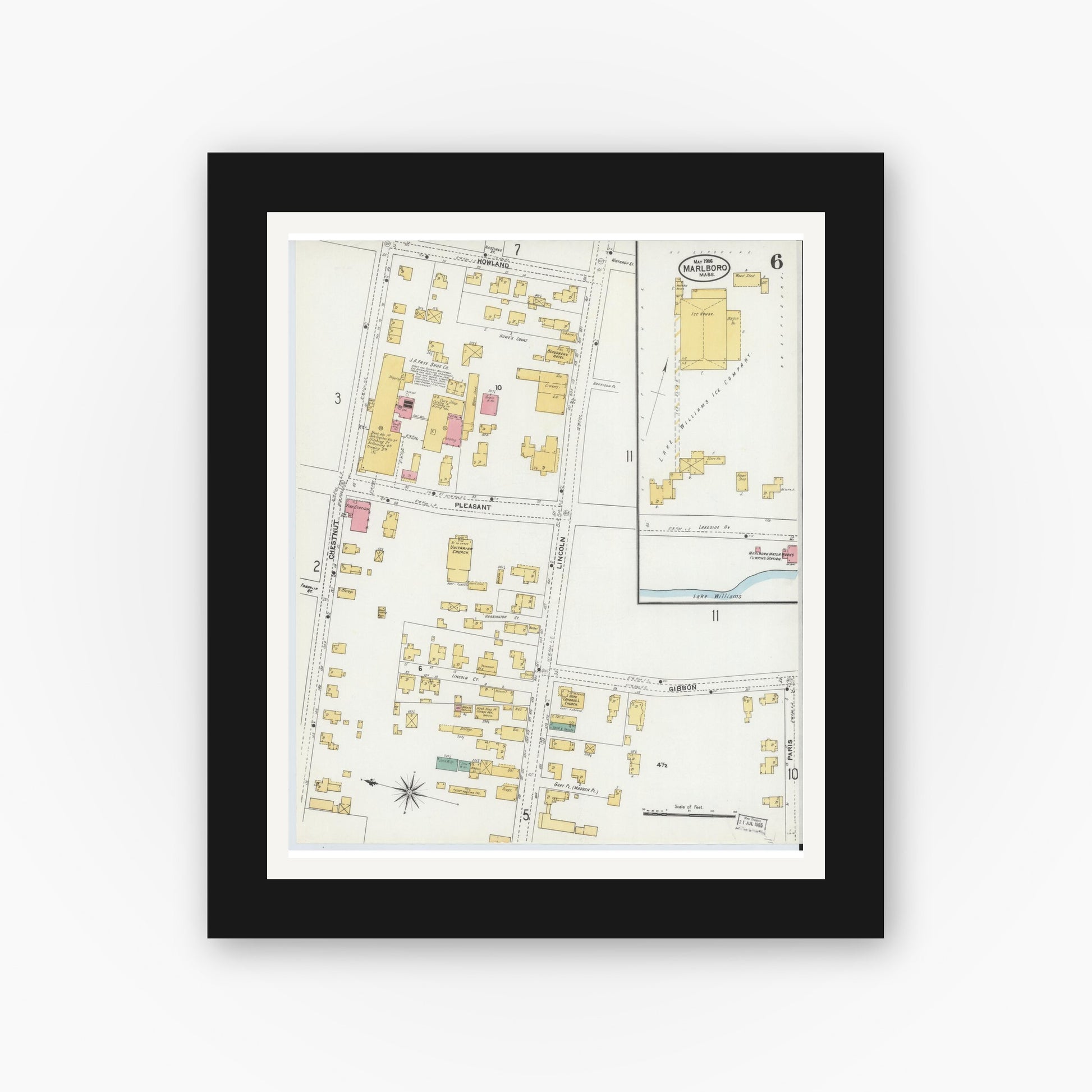 Old map wall art mockup — black gallery frame with white mat — Sanborn Fire Insurance Map from Marlborough, Middlesex County, Massachusetts (1906), Sheet #0006