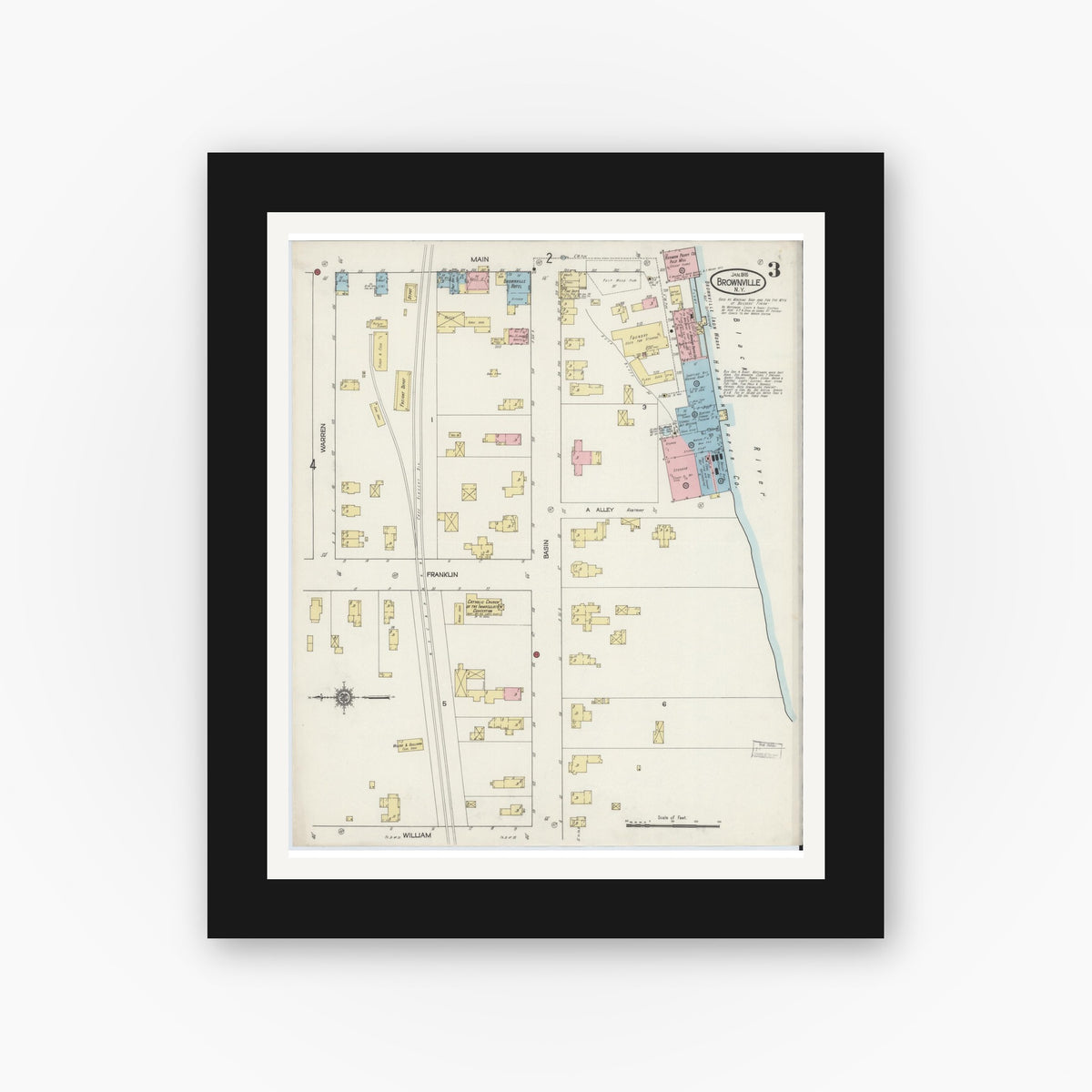 Old map wall art mockup — black gallery frame with white mat — Sanborn Fire Insurance Map from Brownville, Jefferson County, New York (1915), Sheet #0003