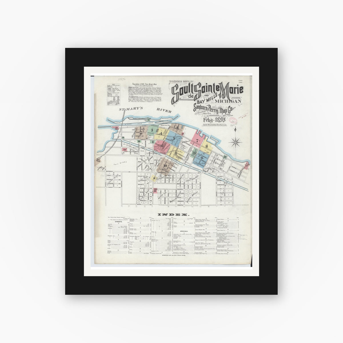 Old map wall art mockup — black gallery frame with white mat — Sanborn Fire Insurance Map from Sault Sainte Marie, Chippewa County, Michigan (1895), Sheet #0001