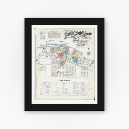 Old map wall art mockup — black gallery frame with white mat — Sanborn Fire Insurance Map from Sault Sainte Marie, Chippewa County, Michigan (1895), Sheet #0001