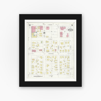 Old map wall art mockup — black gallery frame with white mat — Sanborn Fire Insurance Map from Mount Pleasant, Isabella County, Michigan (1924), Sheet #0006