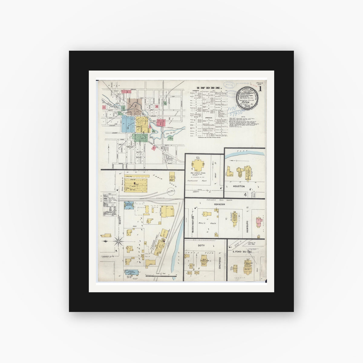 Old map wall art mockup — black gallery frame with white mat — Sanborn Fire Insurance Map from Ripon, Fond du Lac County, Wisconsin (1898) - Complete Map Set