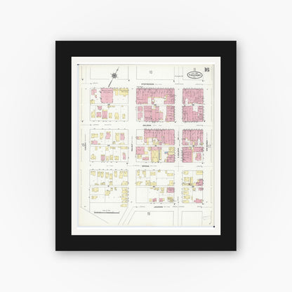 Old map wall art mockup — black gallery frame with white mat — Sanborn Fire Insurance Map from Freeport, Stephenson County, Illinois (1910), Sheet #0016