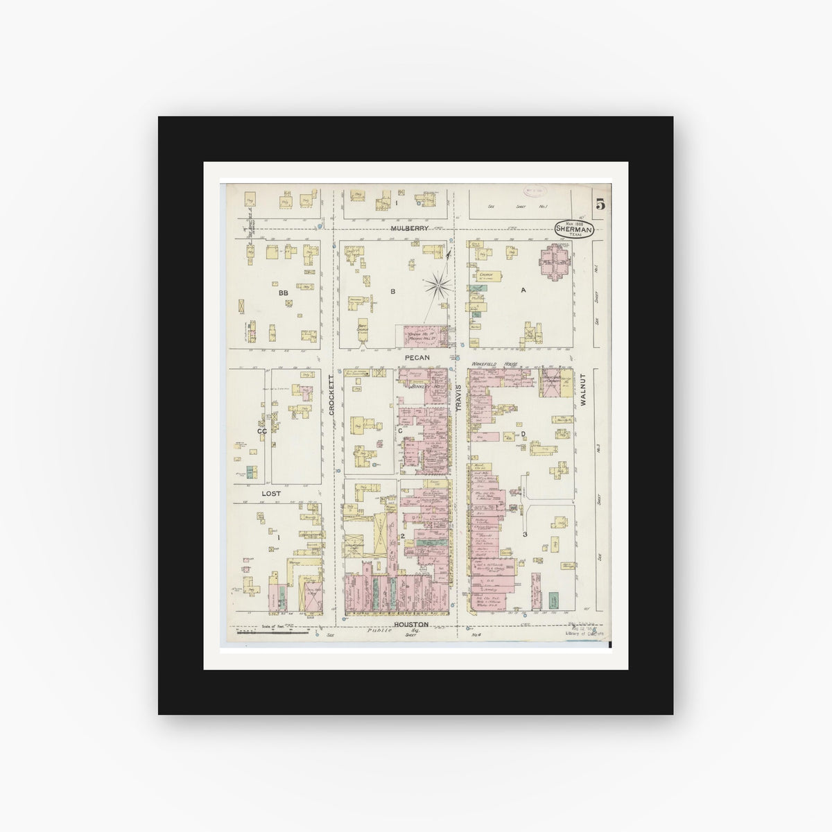 Old map wall art mockup — black gallery frame with white mat — Sanborn Fire Insurance Map from Sherman, Grayson County, Texas (1888), Sheet #0005