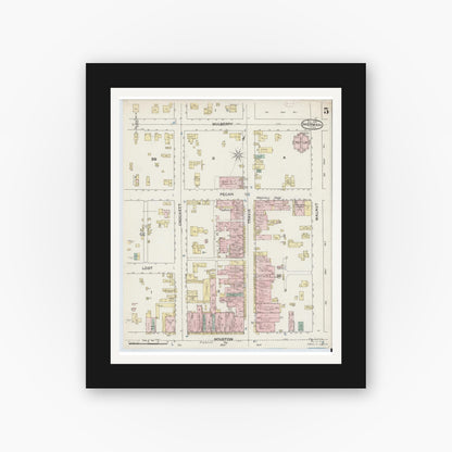 Old map wall art mockup — black gallery frame with white mat — Sanborn Fire Insurance Map from Sherman, Grayson County, Texas (1888), Sheet #0005