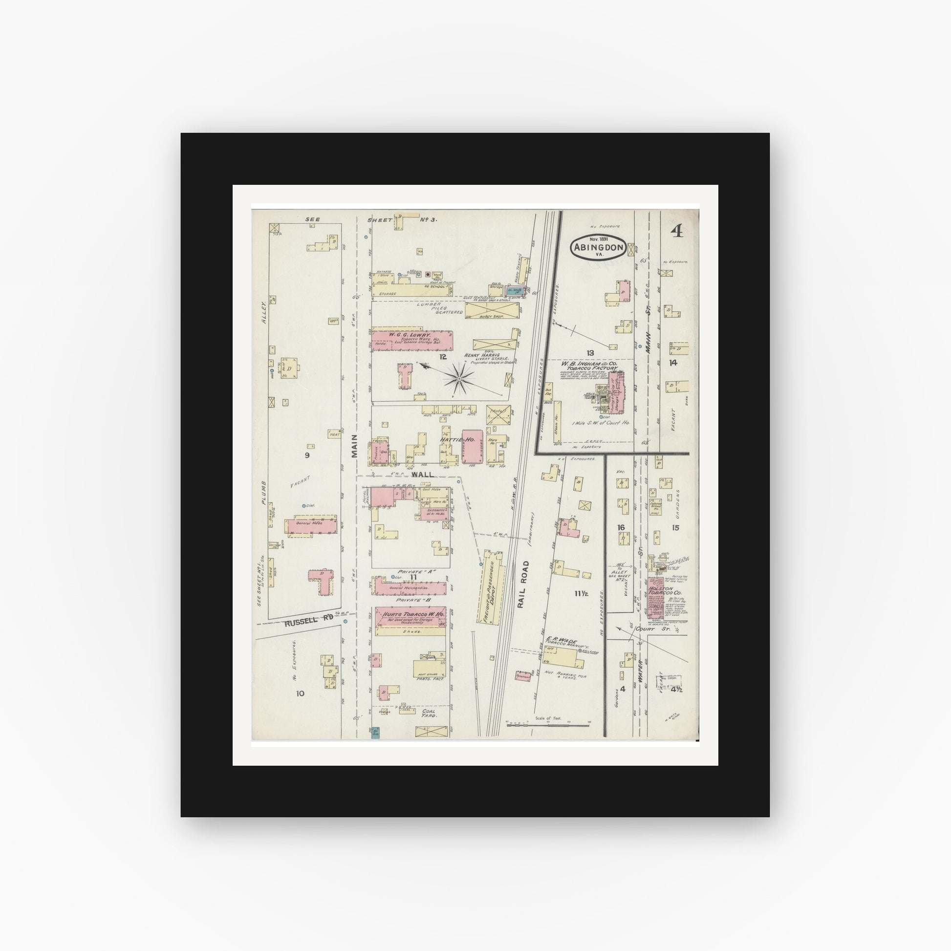 Old map wall art mockup — black gallery frame with white mat — Sanborn Fire Insurance Map from Abingdon, Washington County, Virginia (1891), Sheet #0004