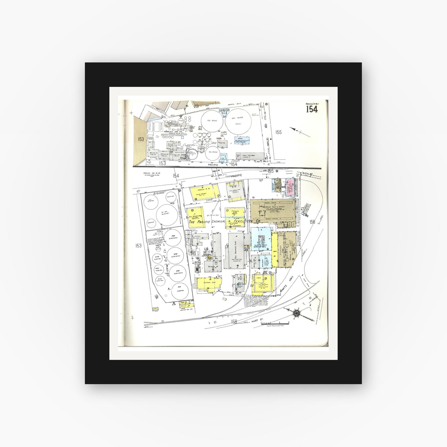 Old map wall art mockup — black gallery frame with white mat — Sanborn Fire Insurance Map from Honolulu, Oahu County, Hawaii (1955), Sheet #0154