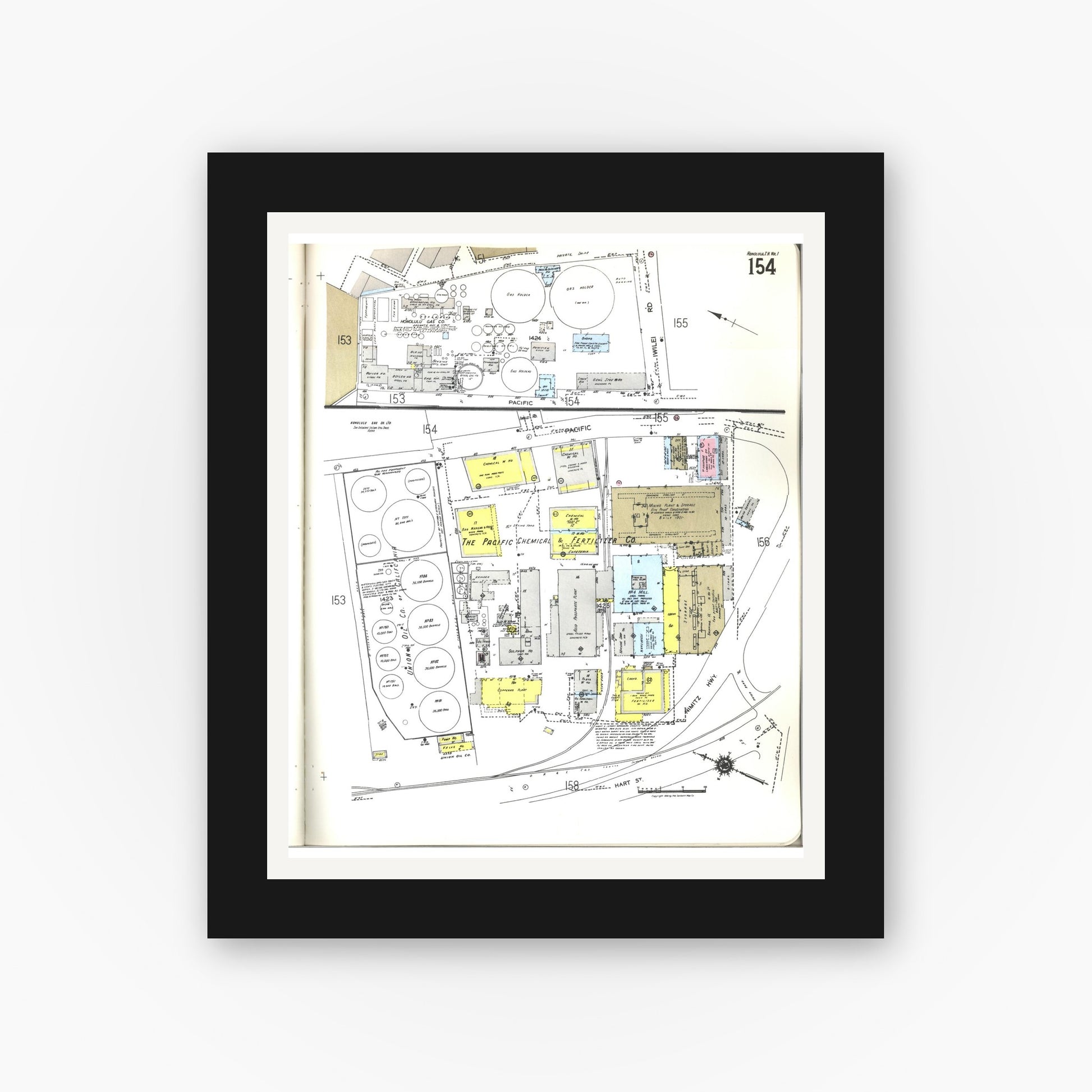 Old map wall art mockup — black gallery frame with white mat — Sanborn Fire Insurance Map from Honolulu, Oahu County, Hawaii (1955), Sheet #0154
