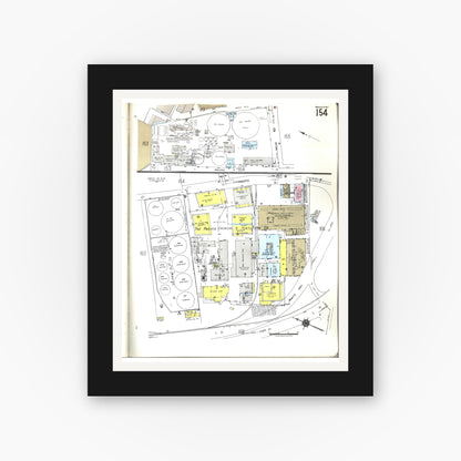 Old map wall art mockup — black gallery frame with white mat — Sanborn Fire Insurance Map from Honolulu, Oahu County, Hawaii (1955), Sheet #0154