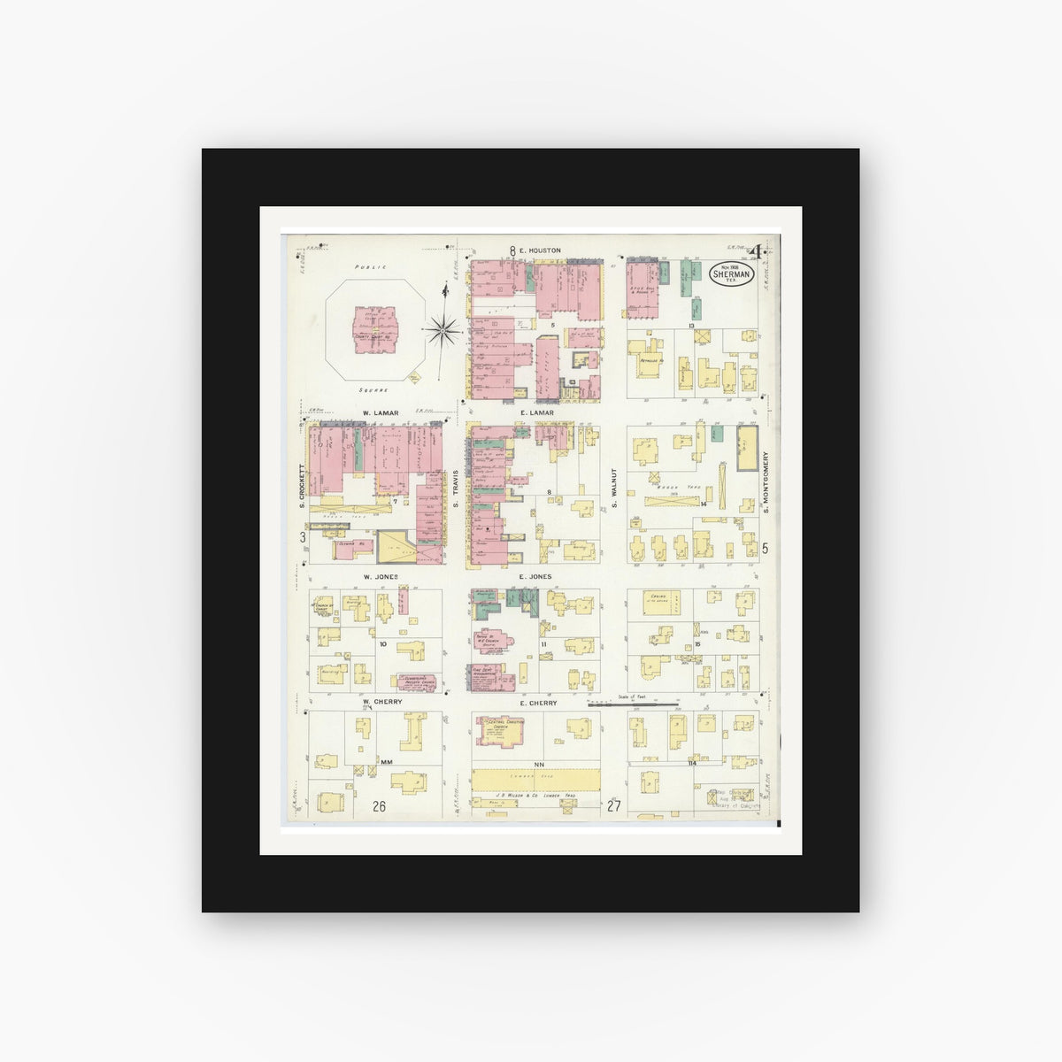 Old map wall art mockup — black gallery frame with white mat — Sanborn Fire Insurance Map from Sherman, Grayson County, Texas (1908), Sheet #0004