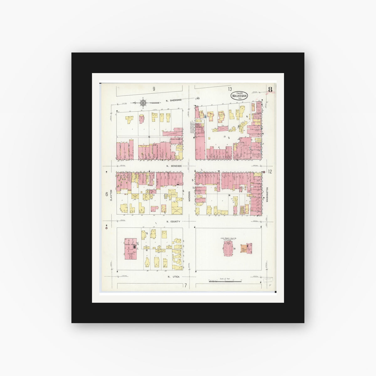 Old map wall art mockup — black gallery frame with white mat — Sanborn Fire Insurance Map from Waukegan, Lake County, Illinois (1912), Sheet #0008