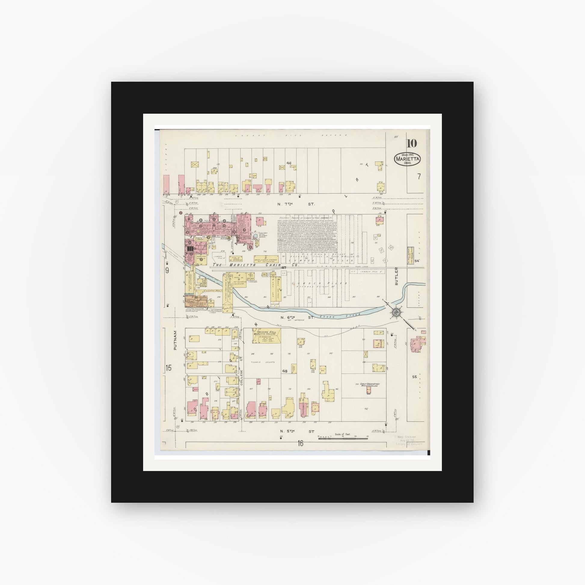 Old map wall art mockup — black gallery frame with white mat — Sanborn Fire Insurance Map from Marietta, Washington County, Ohio (1915), Sheet #0010