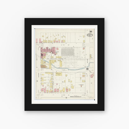 Old map wall art mockup — black gallery frame with white mat — Sanborn Fire Insurance Map from Marietta, Washington County, Ohio (1915), Sheet #0010