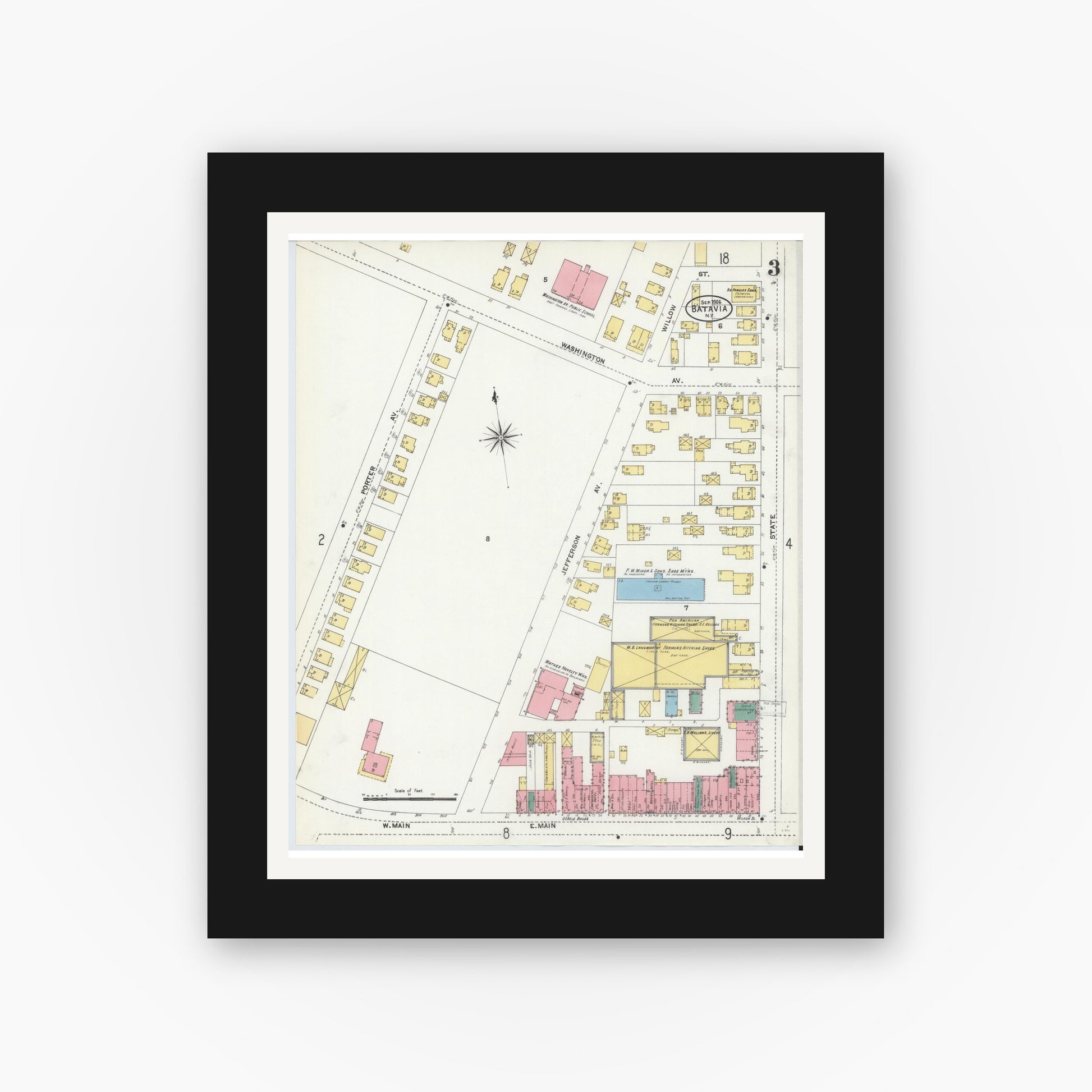 Old map wall art mockup — black gallery frame with white mat — Sanborn Fire Insurance Map from Batavia, Genesee County, New York (1906), Sheet #0003