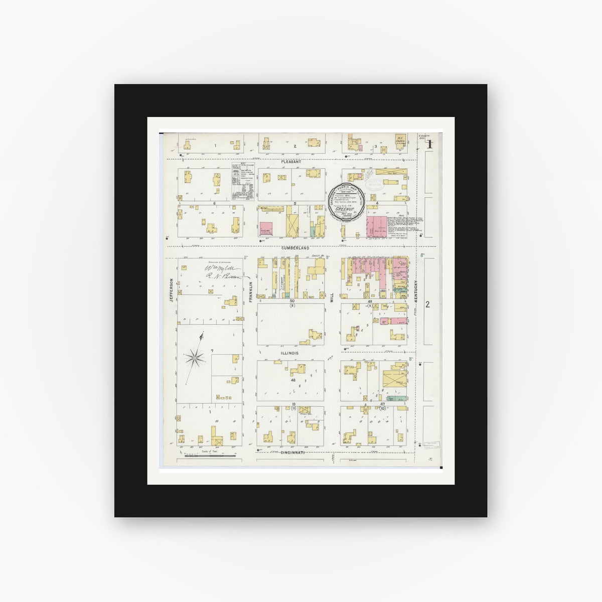 Old map wall art mockup — black gallery frame with white mat — Sanborn Fire Insurance Map from Greenup, Cumberland County, Illinois (1898) - Complete Map Set