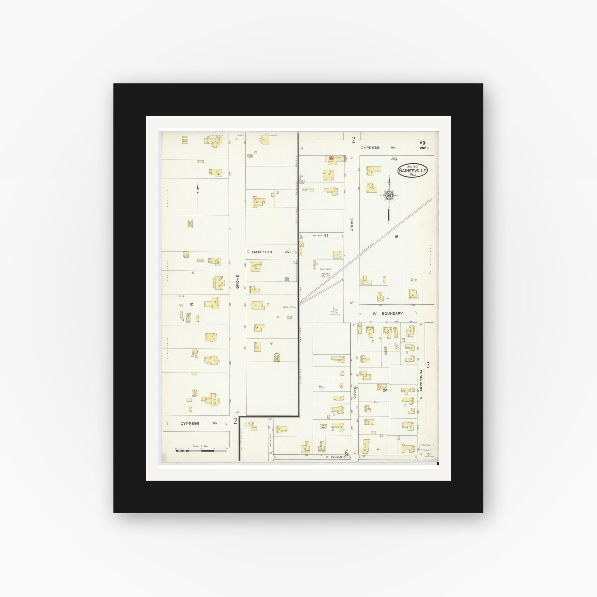 Old map wall art mockup — black gallery frame with white mat — Sanborn Fire Insurance Map from Gainesville, Alachua County, Florida (1913), Sheet #0002