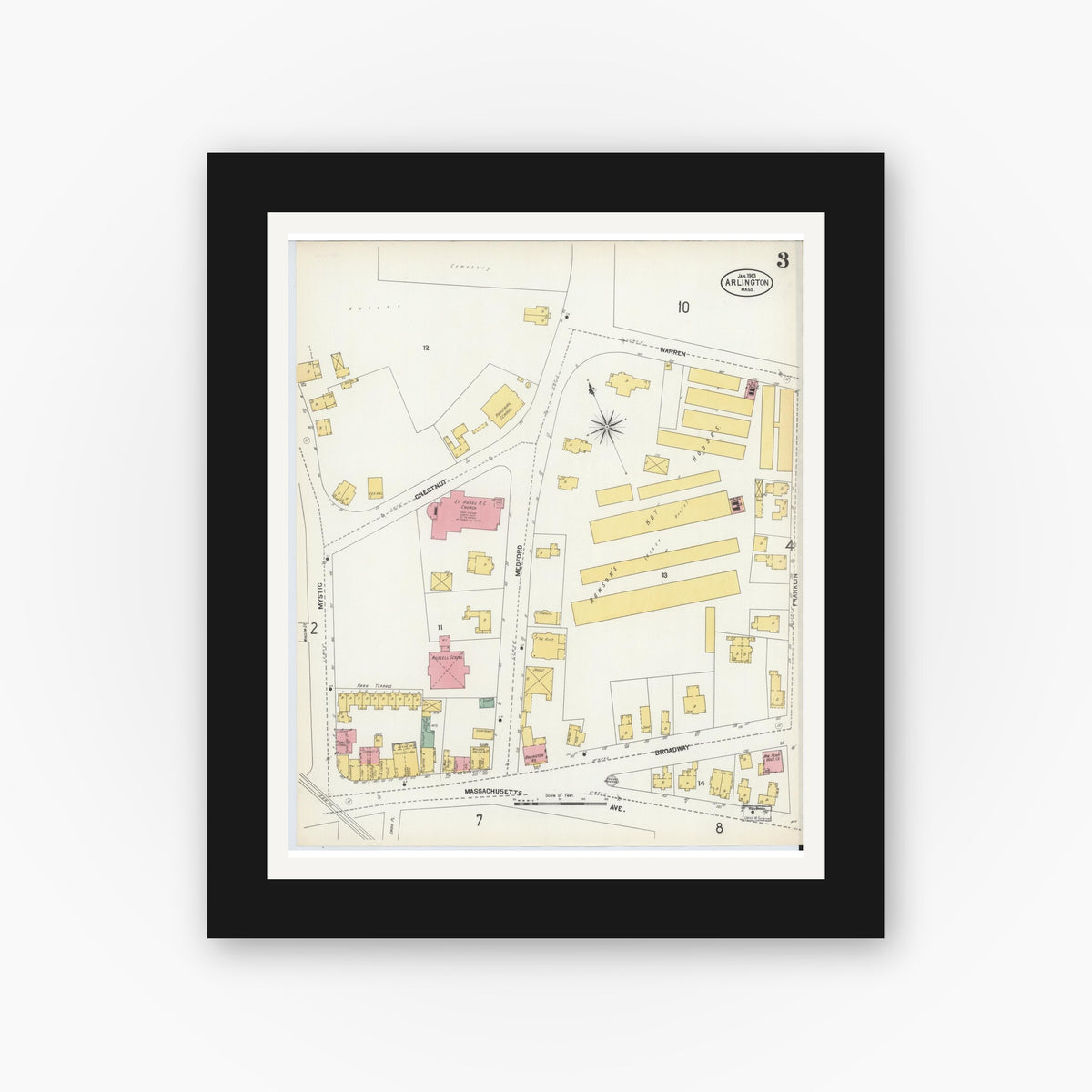 Old map wall art mockup — black gallery frame with white mat — Sanborn Fire Insurance Map from Arlington, Middlesex County, Massachusetts (1903), Sheet #0003
