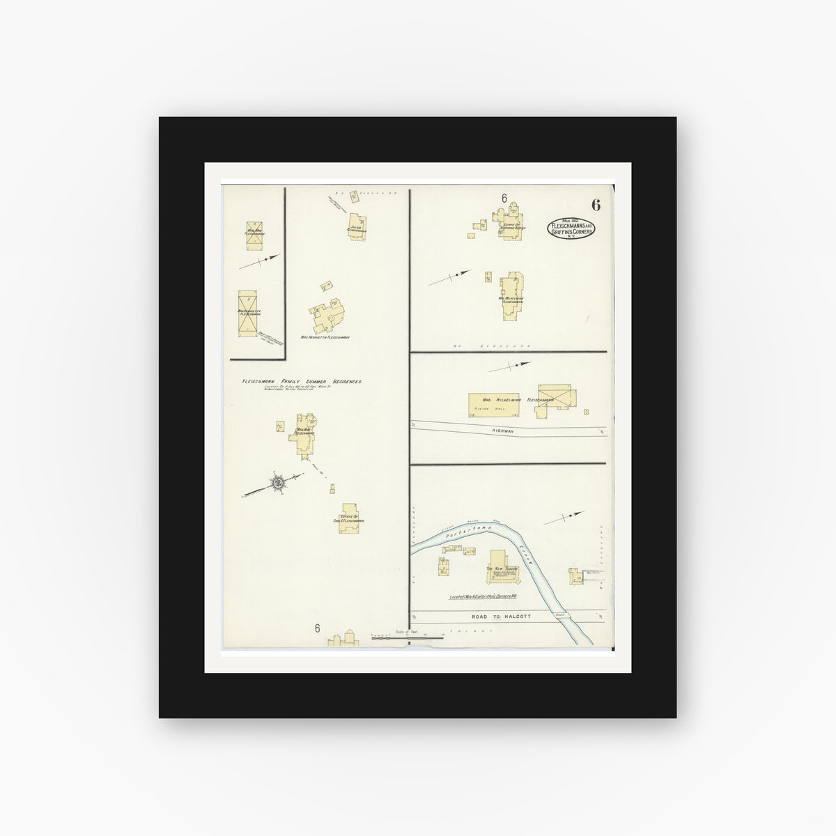 Old map wall art mockup — black gallery frame with white mat — Sanborn Fire Insurance Map from Fleischmanns, Delaware County, New York (1912), Sheet #0006