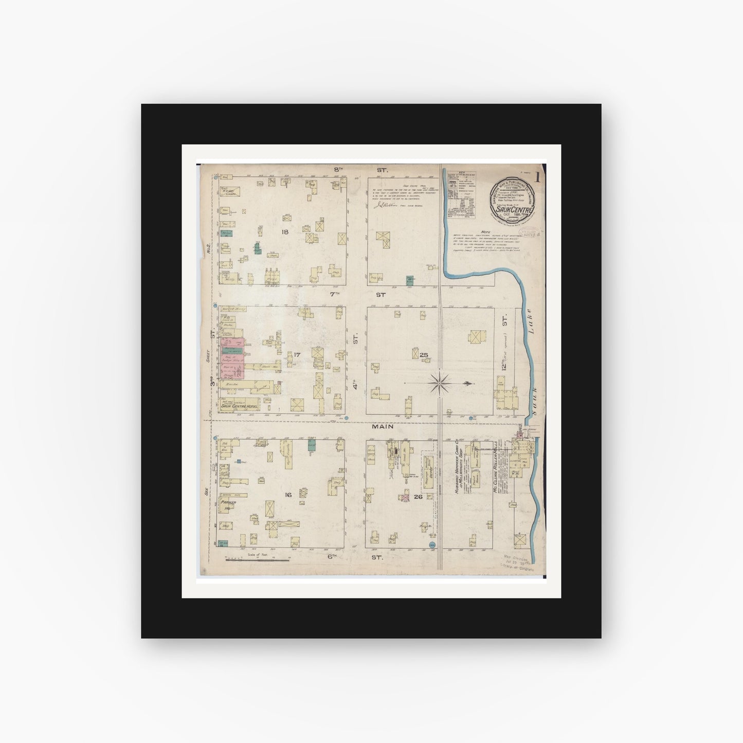 Old map wall art mockup — black gallery frame with white mat — Sanborn Fire Insurance Map from Sauk Centre, Stearns County, Minnesota (1885) - Complete Map Set
