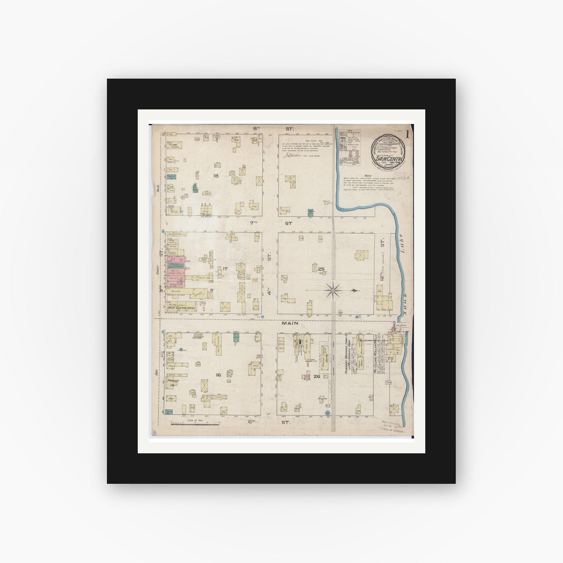 Old map wall art mockup — black gallery frame with white mat — Sanborn Fire Insurance Map from Sauk Centre, Stearns County, Minnesota (1885) - Complete Map Set