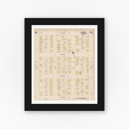 Old map wall art mockup — black gallery frame with white mat — Sanborn Fire Insurance Map from Temple, Bell County, Texas (1922), Sheet #0014