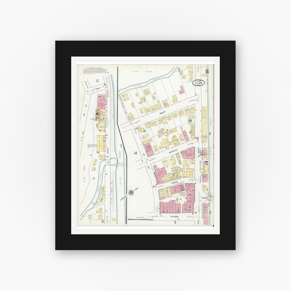 Old map wall art mockup — black gallery frame with white mat — Sanborn Fire Insurance Map from Ilion, Herkimer County, New York (1912), Sheet #0008