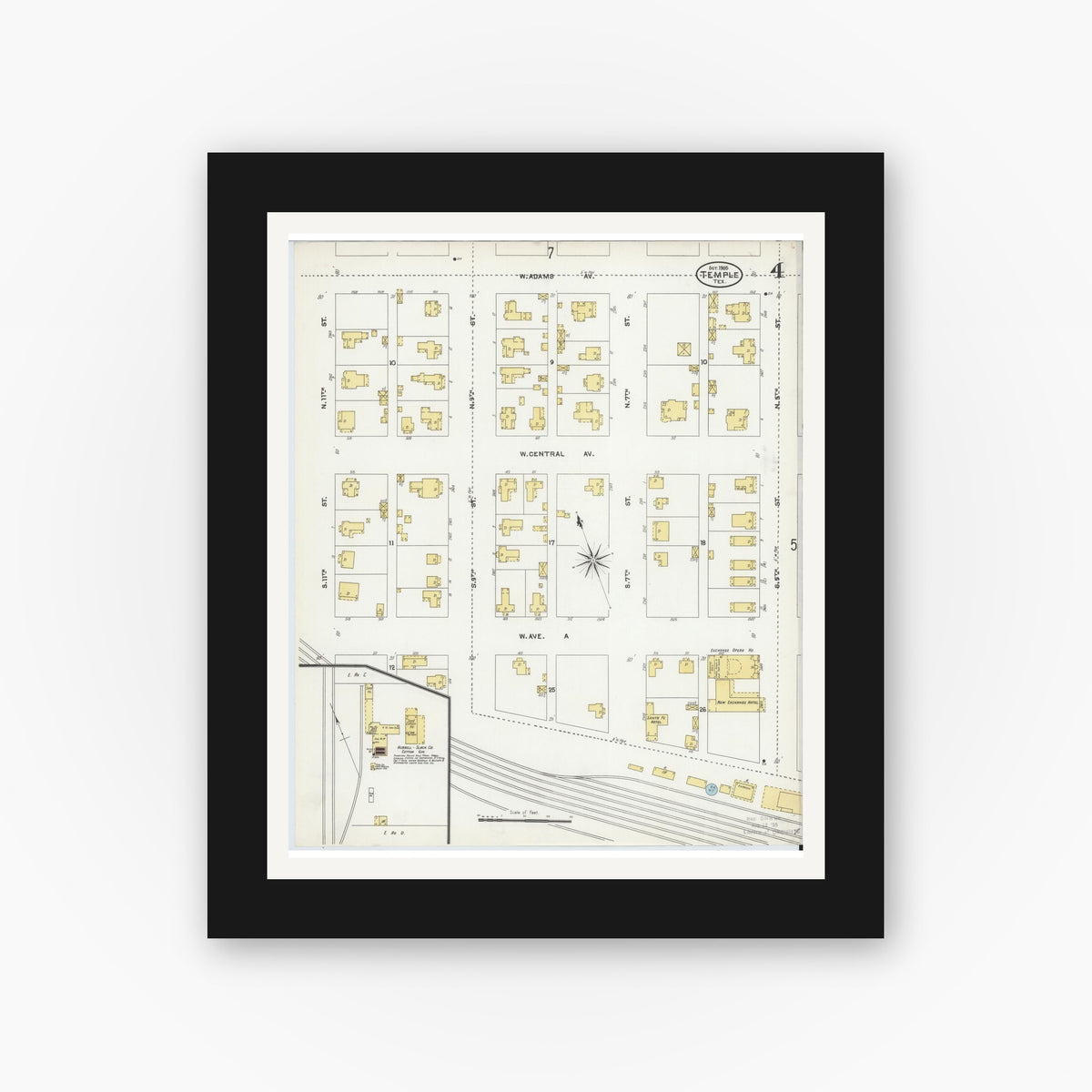 Old map wall art mockup — black gallery frame with white mat — Sanborn Fire Insurance Map from Temple, Bell County, Texas (1905), Sheet #0004