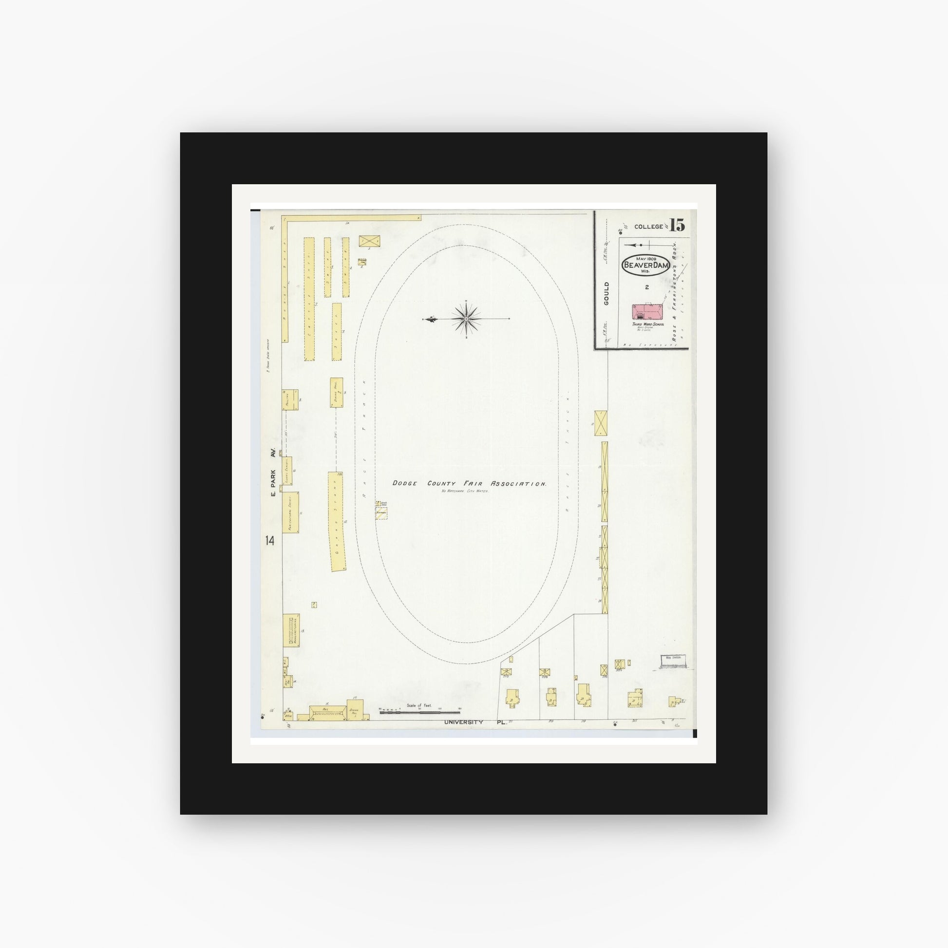 Old map wall art mockup — black gallery frame with white mat — Sanborn Fire Insurance Map from Beaver Dam, Dodge County, Wisconsin (1909), Sheet #0015