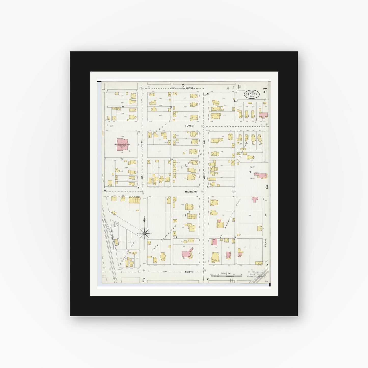 Old map wall art mockup — black gallery frame with white mat — Sanborn Fire Insurance Map from Sidney, Shelby County, Ohio (1898), Sheet #0007