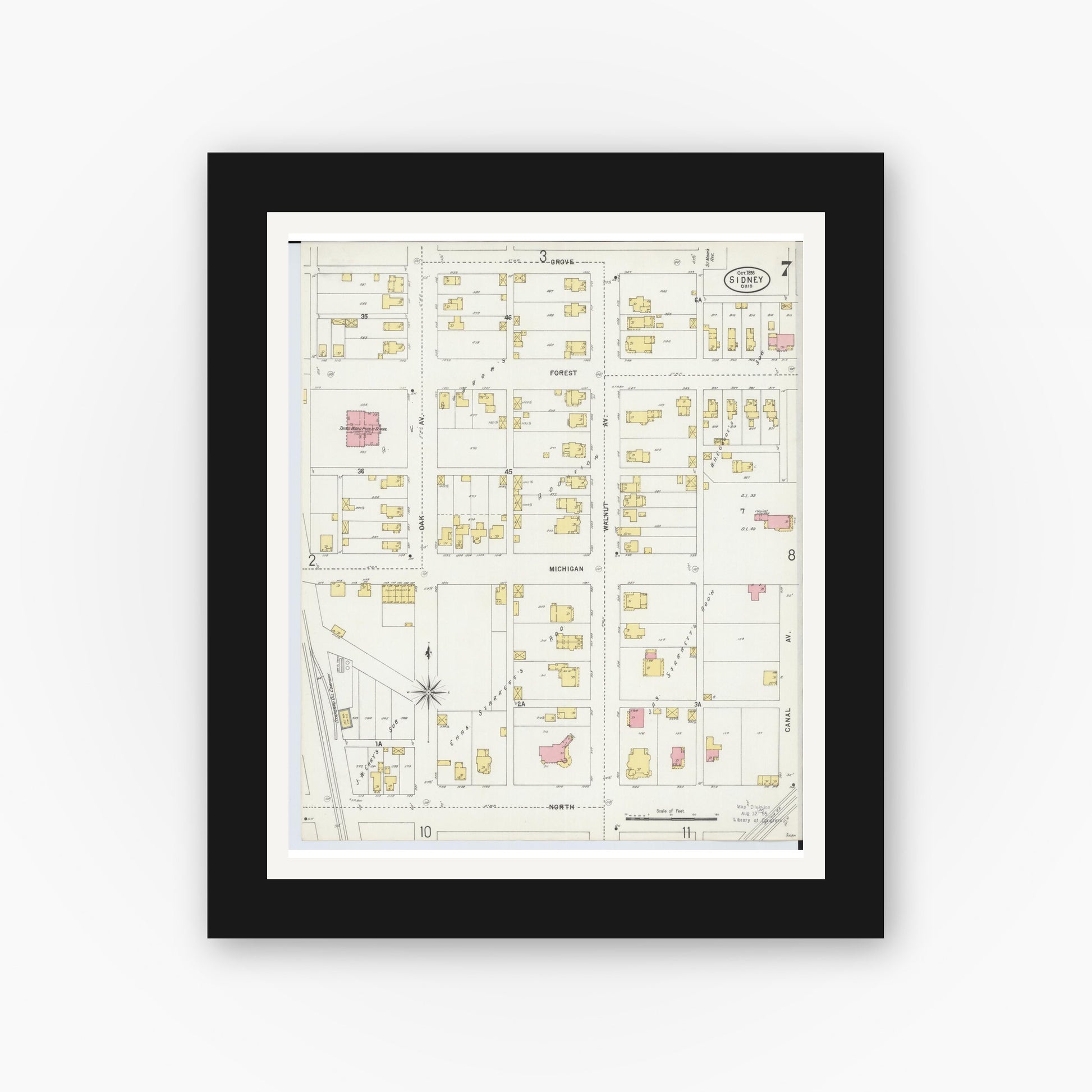 Old map wall art mockup — black gallery frame with white mat — Sanborn Fire Insurance Map from Sidney, Shelby County, Ohio (1898), Sheet #0007