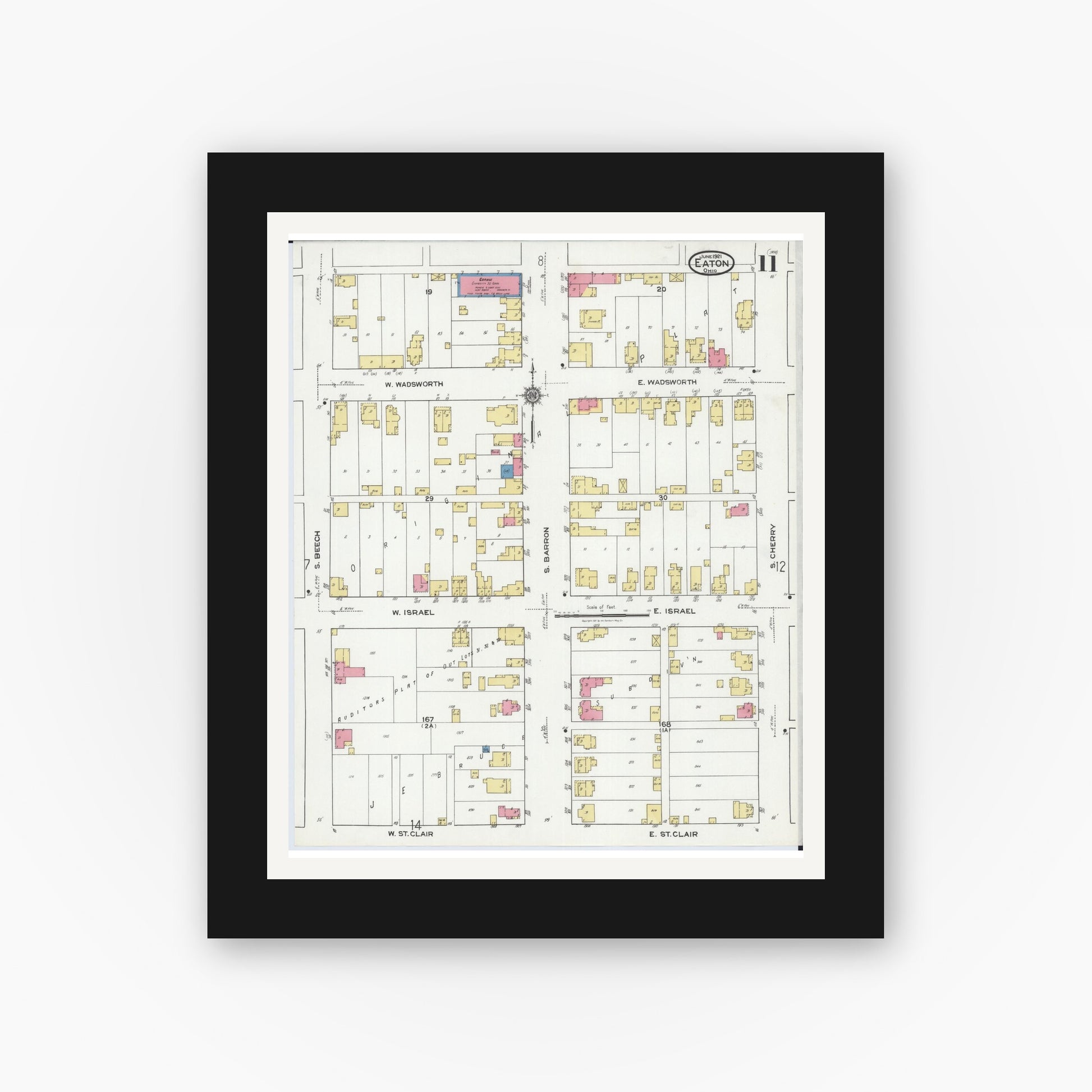 Old map wall art mockup — black gallery frame with white mat — Sanborn Fire Insurance Map from Eaton, Preble County, Ohio (1921), Sheet #0011