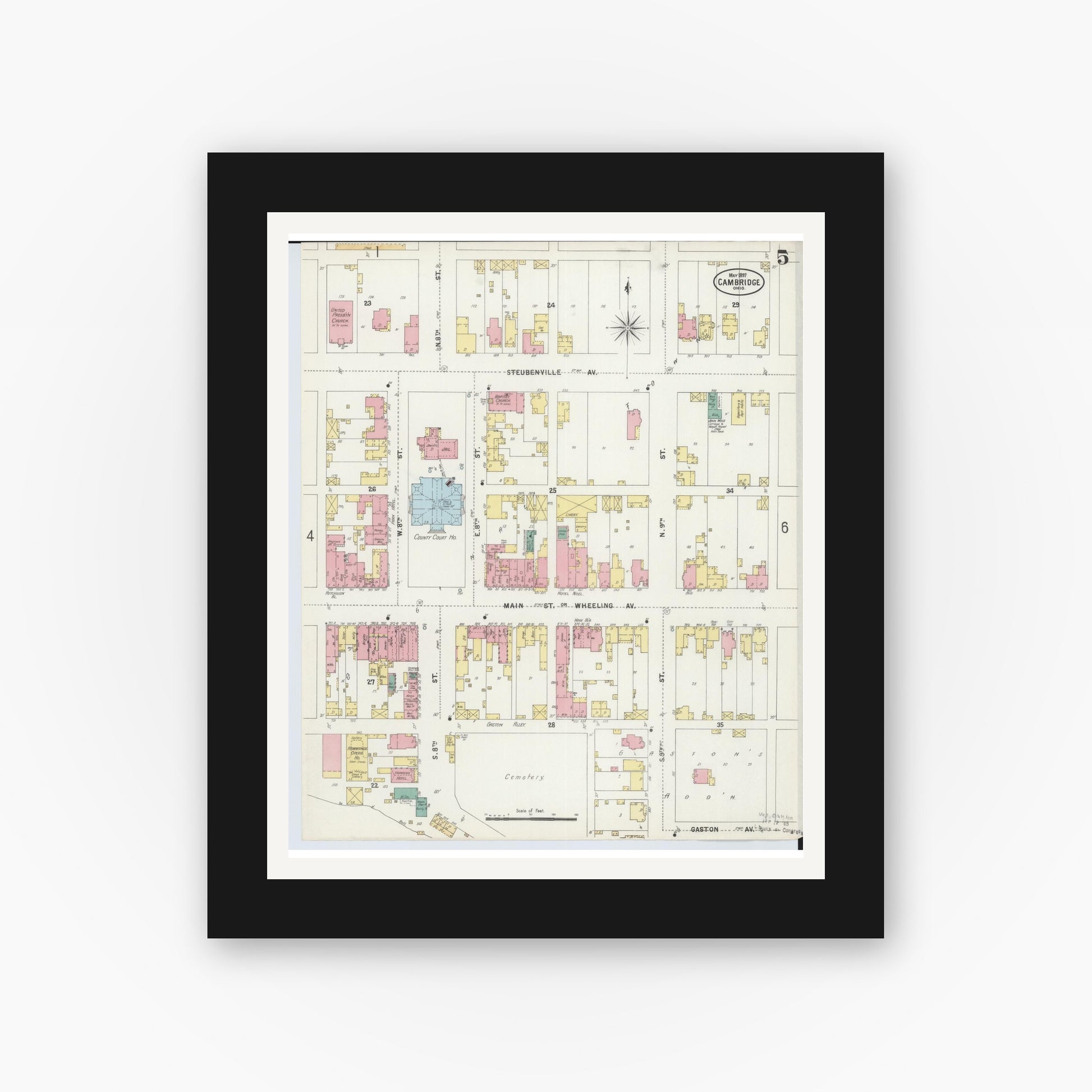Old map wall art mockup — black gallery frame with white mat — Sanborn Fire Insurance Map from Cambridge, Guernsey County, Ohio (1897), Sheet #0005