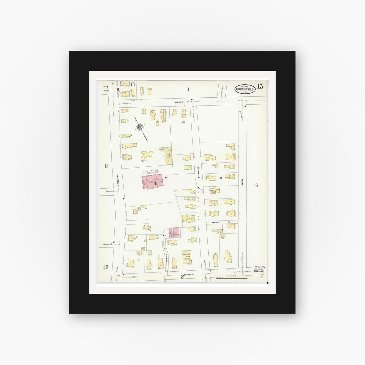 Old map wall art mockup — black gallery frame with white mat — Sanborn Fire Insurance Map from Greenfield, Franklin County, Massachusetts (1909), Sheet #0015