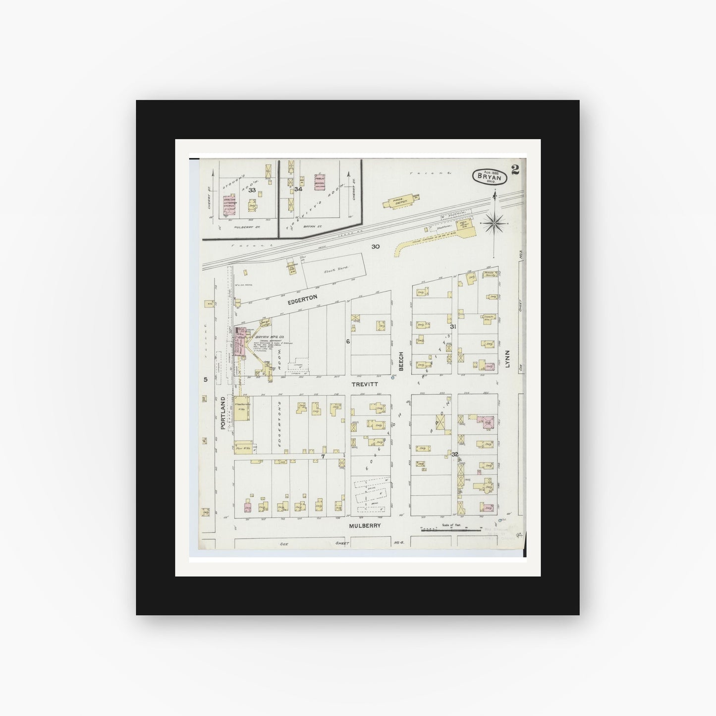 Old map wall art mockup — black gallery frame with white mat — Sanborn Fire Insurance Map from Bryan, Williams County, Ohio (1888), Sheet #0002